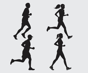 Run. Running men and women, vector set of isolated silhouettes