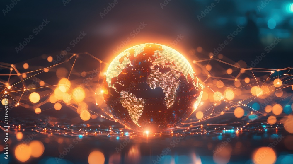 Poster digital art and technology illuminating data streams in a glowing global context