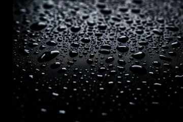 Photo of Many water droplets on black glass surface. Background texture for backdrops or mapping