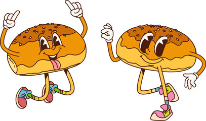 Cartoon retro groovy japanese anpan bun dessert characters rejoice with welcoming gestures. Isolated vector delicious japan red bean bread personages with hippie sneakers inviting to visit Asian cafe