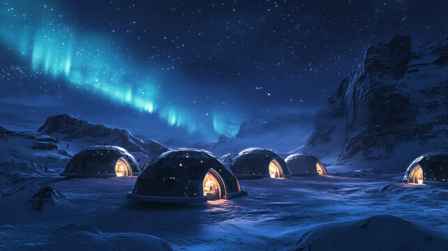An igloo village for winter travelers with multiple igloos on a snow-covered field, surrounded by polar lights at night.