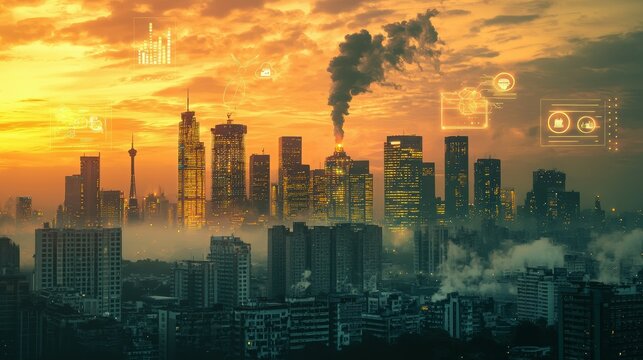 Innovative digital art visualizing eco-friendly pollution reduction in urban environments - Powered by Adobe
