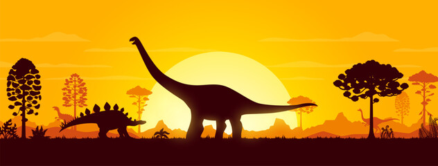 Giant dinosaur silhouettes on sunset landscape in Jurassic era forest, vector background. Dinosaurs lizard silhouette in cartoon prehistoric landscape of mountain valley sunset for paleontology museum © Vector Tradition