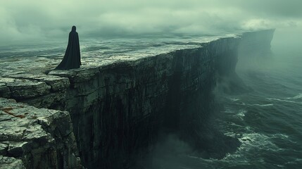 Solitary Figure on the Edge of the Abyss Overlooking a Vast Stormy Ocean