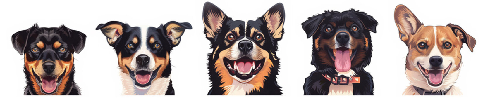 Banner with several dogs looking straight on white background. Free space.