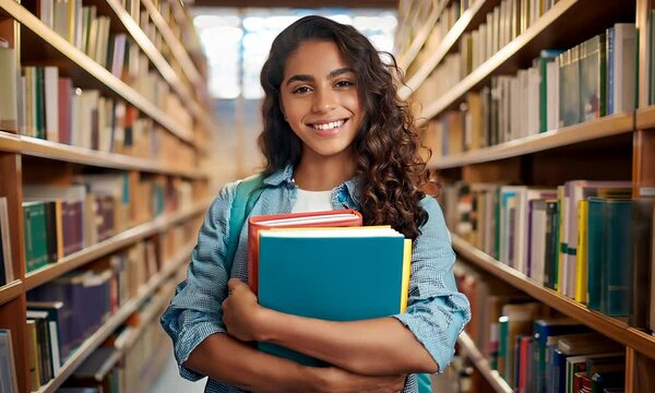 Schoolgirl with a stack of books against the background of the school library. A female student stands in the library with books in her hands.