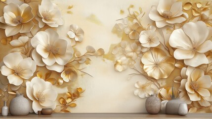 3D mural wallpaper design shows golden and cream flowers. Decorative flower design. High-quality AI-generated image. Suitable for home decor. Luxury look for interior. Elegant style.