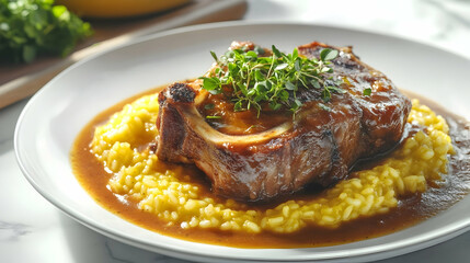 Traditional Homemade Italian Veal Osso Buco Milano Style with Saffron Risotto, Fresh Gremolata and Roasted Bone Marrow, Authentic Restaurant Style Food Photography