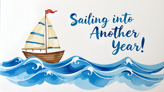 Illustration of a sailing boat on waves with text "Sailing into Another Year!" representing new beginnings and celebration concept