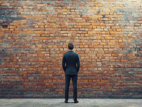 Facing a brick wall concept with business man facing a huge bricks wall.	
