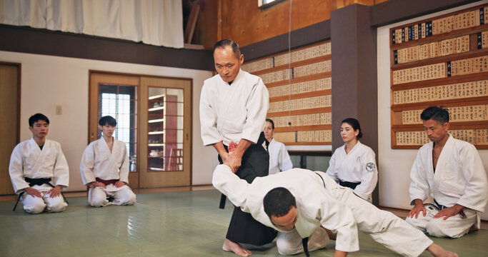 Karate, martial arts and self defense with instructor in dojo for demonstration, fitness or training. Challenge, grappling or technique with Sensei and student people in Japan for combat or fighting