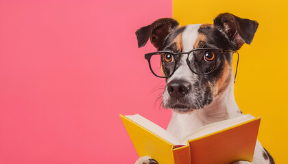 Jack Russell dog with glasses reading a book on yellow background