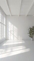 Fototapeta premium 29. A clean, white yoga studio with an empty floor space in the center, perfect for text