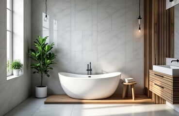 Modern bathroom features freestanding tub placed on wooden platform. White tub, marble tiles create serene atmosphere. Wooden accent wall adds warm touch. Relaxing, peaceful. Stylish bathroom with