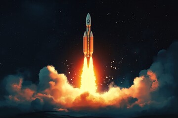 Powerful rocket launch in dark night sky. Fiery exhaust plumes billow. Space exploration concept. Astronauts preparing for journey. Modern tech, science advancement. Commercial spaceflight. Future