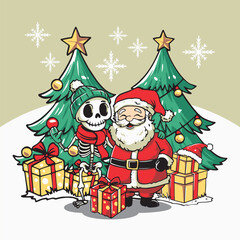 Hand drawn christmas santa and skeleton happiness illustration
