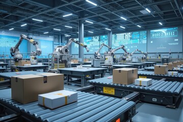 Naklejka premium Advanced Robotics in Package Sorting Facility with Automated Systems, Conveyor Belts, and Streamlined Operations for Efficient Logistics Management and Distribution Processes