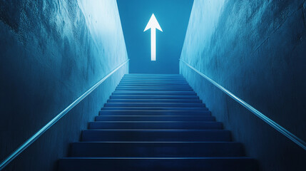 Fototapeta premium Stairway illuminated with directional arrow indicating ascent in a dimly lit environment