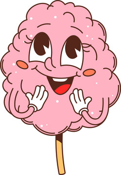 Naklejki Cartoon groovy fast food cotton candy character. Fast food sweet cotton candy funny groovy personage, takeaway dessert cute cartoon isolated vector mascot. Amusement park snack cheerful character