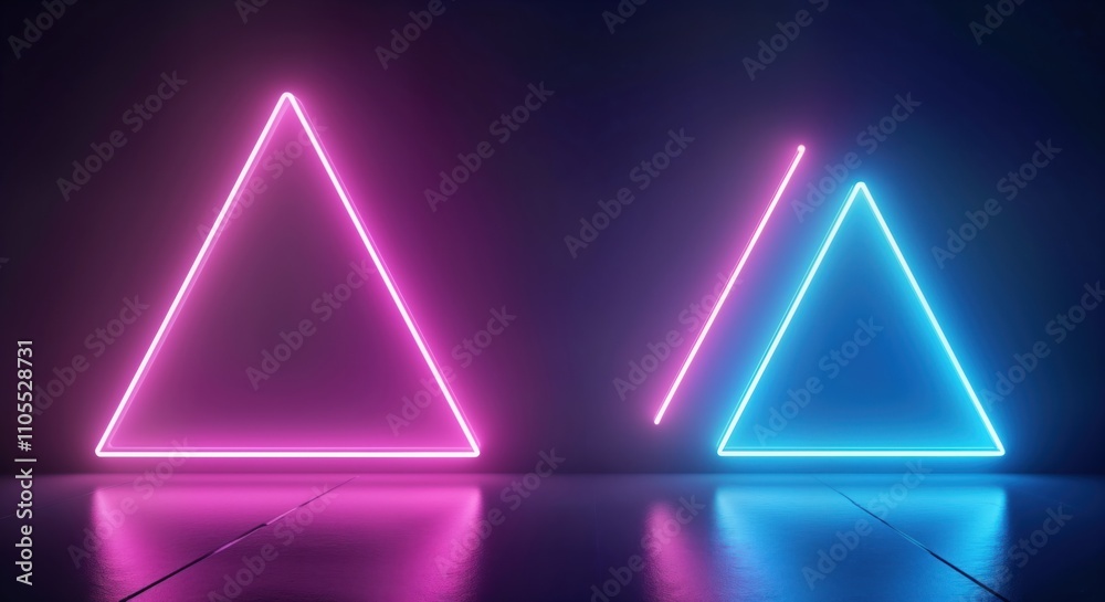 Poster neon purple, blue triangles glow on dark background. empty space for product display. vivid colours 