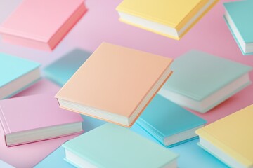 Fototapeta premium Colorful books floating on pastel background for education or literature concepts