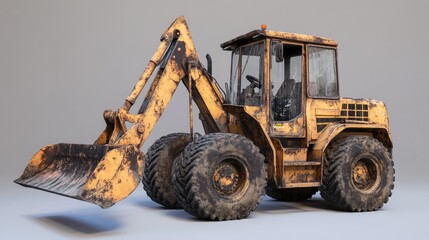 A weathered yellow backhoe loader with a worn bucket, showcasing the effects of heavy use and age.
