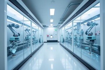 Fototapeta premium Modern AI Factory Interior with Advanced Industrial Robots in Clean Environment Showcasing Cutting-Edge Technology and Automation Process