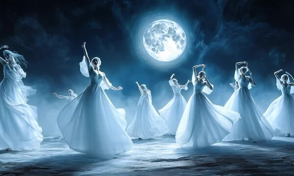 Ethereal dancers in flowing white garments perform under a luminous full moon.
