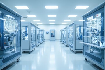 Fototapeta premium Modern AI-Powered Factory Interior with Advanced Robotics and High-Tech Equipment Showcasing the Future of Manufacturing and Automation Technologies