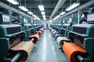 Obraz premium Modern Fabric Production Facility Showcasing Advanced Machinery and Vibrant Textile Rolls in a Streamlined Industrial Setting