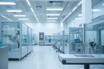 Fototapeta premium Modern Factory Interior with Advanced AI Technology and Robotic Automation in a Clean, High-Tech Environment for Industry 4.0 Applications