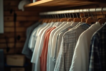 Obraz premium Shirts and t-shirts hanging in wooden wardrobe closet: organizing clothes for storage