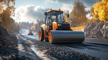 A vibrant orange road roller working on a new highway surrounded by trees in autumn foliage.
