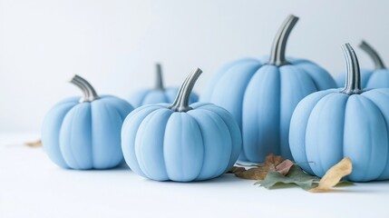 Decorative blue pumpkins on white background. Autumnal display. Simple fall concept. Image suitable for home decor social media. Colorful pumpkins arranged for fall aesthetic. Ideal for seasonal