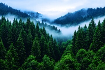 Dense Pine Forest with Rolling Fog and Mountain Range at Dawn