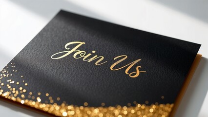 Elegant glitter wedding invitation card with "Join Us" script, sophisticated black and gold design
