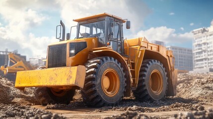Obraz premium A powerful yellow bulldozer on a construction site, showcasing its robust build and heavy-duty tires against a clear blue sky.