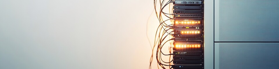 Network server racks with glowing orange lights and cables.