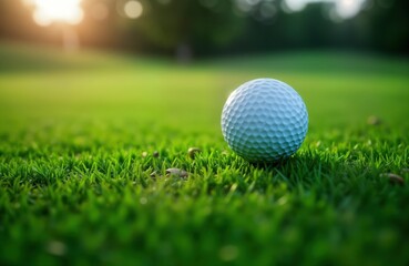 Fototapeta premium Golf ball rests on rich green golf course. Sun shines on grass field. Perfect shot for relaxing game. Ideal for sport, leisure. Looks like summer day on golf course. Perfect spot for recreation.