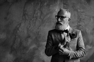 Portrait of virile handsome luxurious trendy stylish intelligent smart dreamy thoughtful macho...