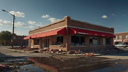 A brick building featuring a red awning and multiple broken windows