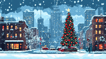 2d pixel art of christmas tree on street, winter season, snow street