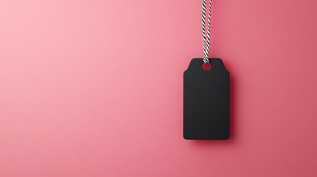 Black tag hanging on pink background, perfect for branding or pricing. This minimalist design adds modern touch to any product display