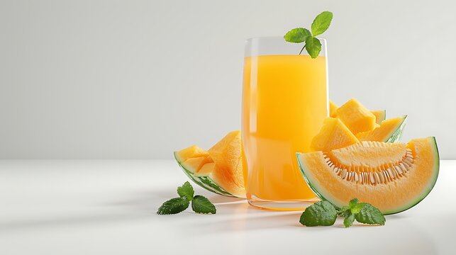Melon juice and melon fruit cut sliced isolated on white background.