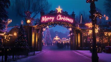 sign of " Merry Christmas ", chrsitmas park, park entrance at winter