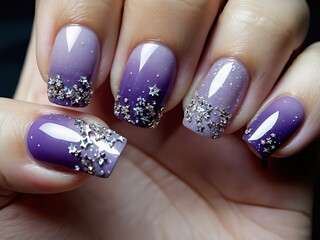 Hands with lavender gel manicure featuring rhinestone star decorations and glitter details. Close-up photography for design and beauty concepts