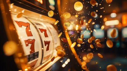Close-up of a spinning slot machine stopping on triple sevens, with coins bursting into the air, capturing the essence of winning