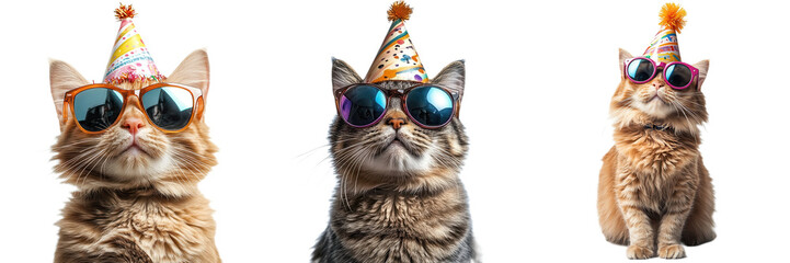 Three playful cats wearing festive hats and sunglasses, each displaying unique expressions and styles.