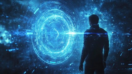 In a futuristic setting, a business professional displays a glowing blue computerized target with an arrow in the middle, signifying accuracy, success, and business strategy.