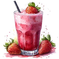A refreshing watercolor painting of a strawberry smoothie in a glass with fresh strawberries.